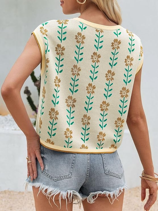 Womens Cap Sleeve Crop Tops Summer Color Block Going Out Crew Neck Knit Trendy Casual Sweater