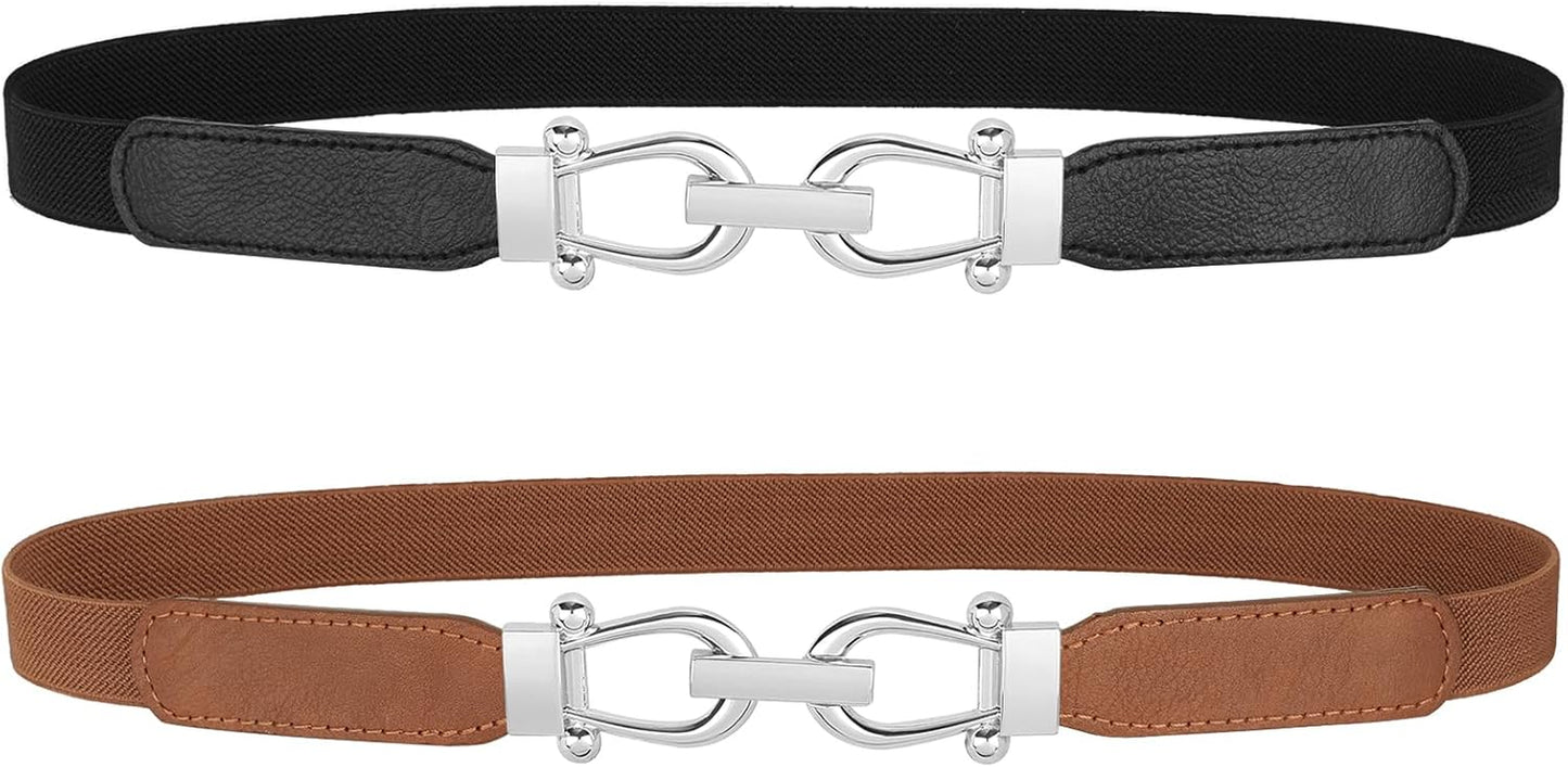 Women Skinny Elastic Belt for Dresses,Thin Retro Stretch Waist Belt with Golden Buckle