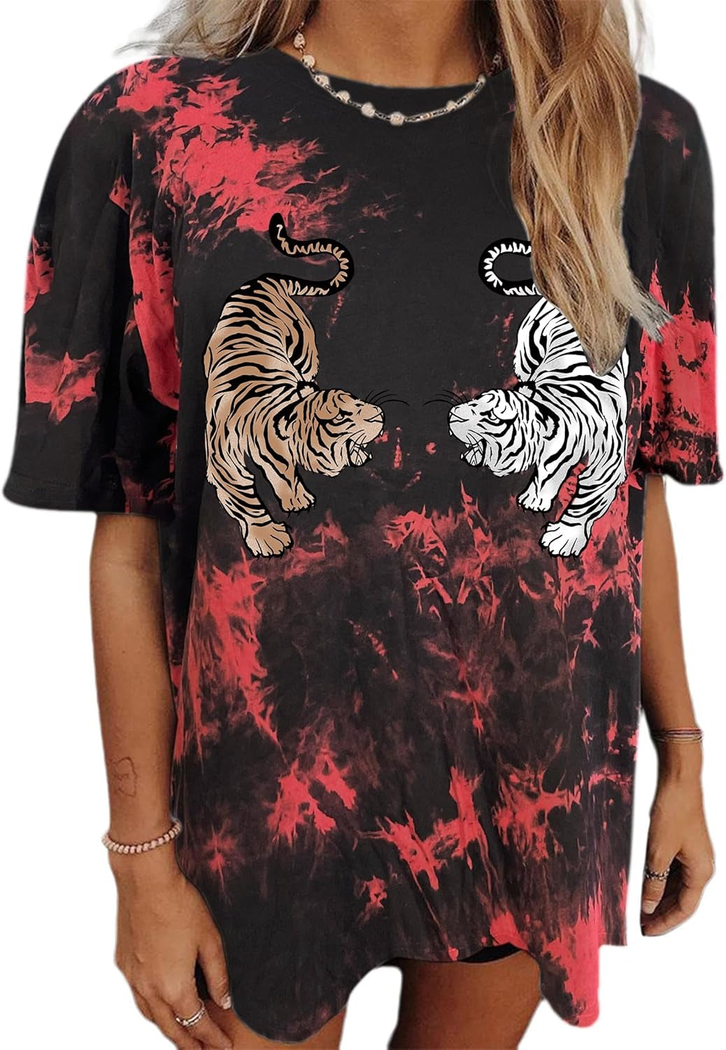 Women Tigers Graphic Oversized Tee Top Short Sleeve Loose Crewneck Summer T-Shirt
