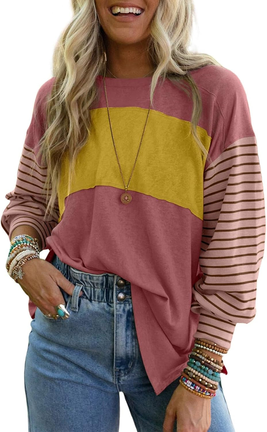 Long Sleeve Tops Oversized 2025 Trendy round Crew Neck Casual Color Block Womens Shirts Blouses