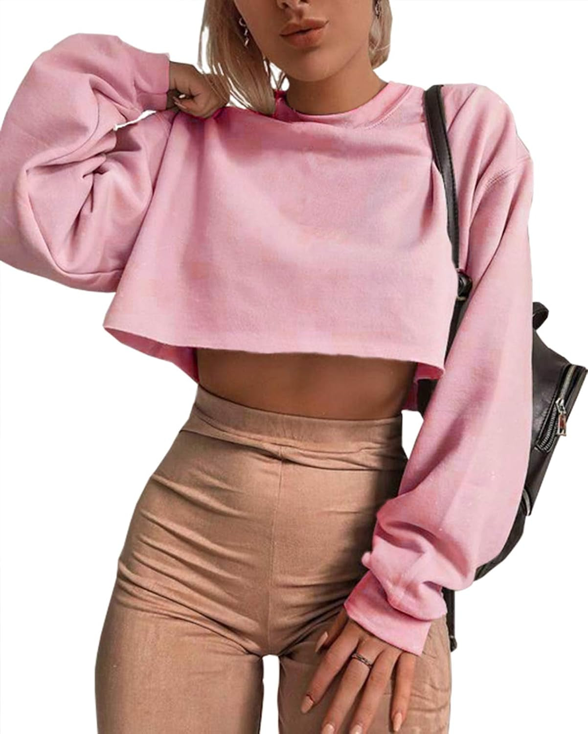 Women'S Crewneck Long Sleeve Crop Tops Workout Casual Pullover Loose Sweatshirts