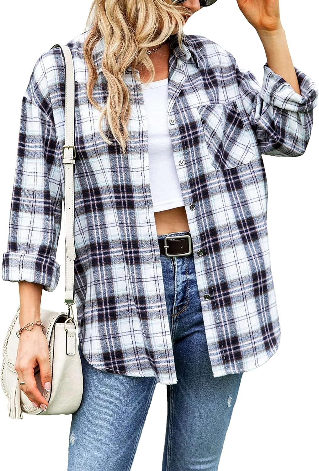 Oversized Flannel Shirt Women Long Sleeve Plaid Button Buffalo Shirt Blouse Tops with One Pocket