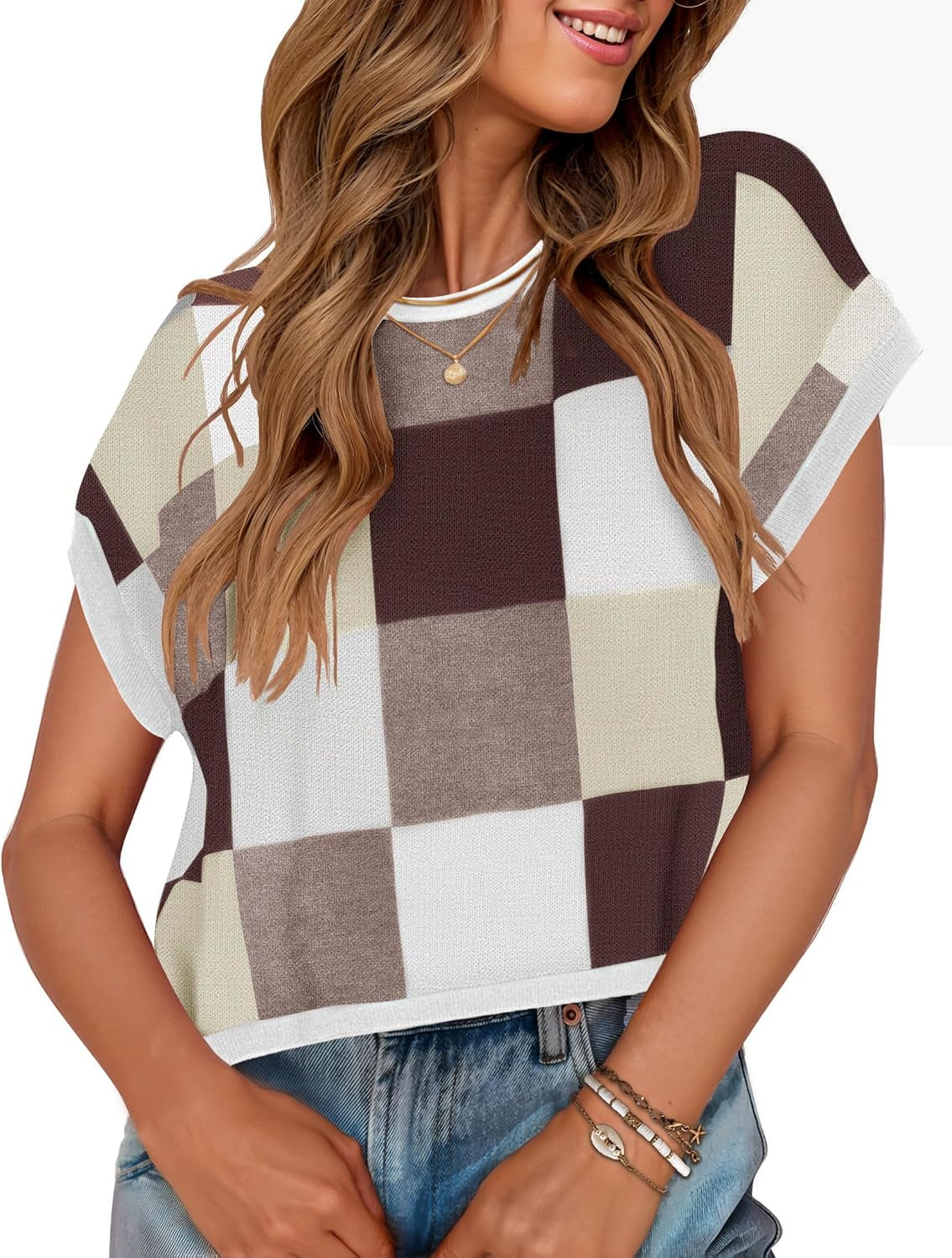 Womens Floral Sweater Vest Summer Short Sleeve Crew Neck Cute Loose Knit Tops 2026 Trendy Clothes Outfits