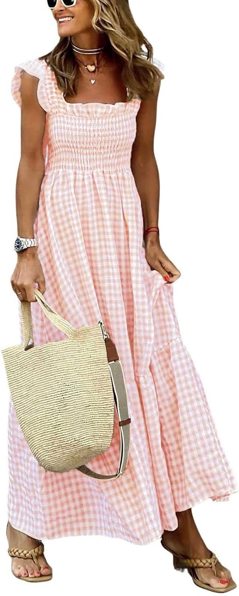 Women'S Retro Plaid Smocked Dress Spaghetti Strap Flounce Long Dress