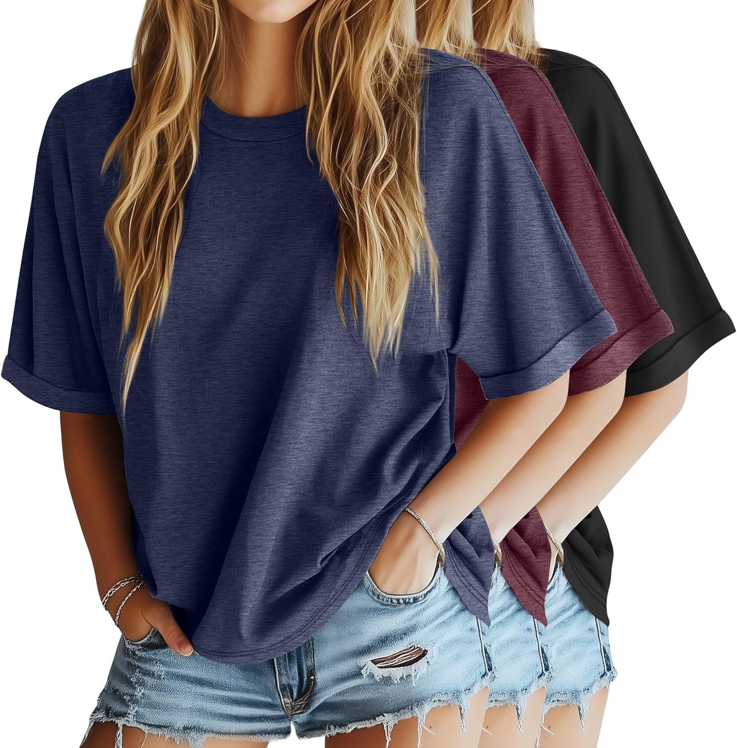 3 Pack Women'S Oversized T-Shirt Half Sleeve Summer Tees Casual Loose Fit Crew Neck Basic Tops