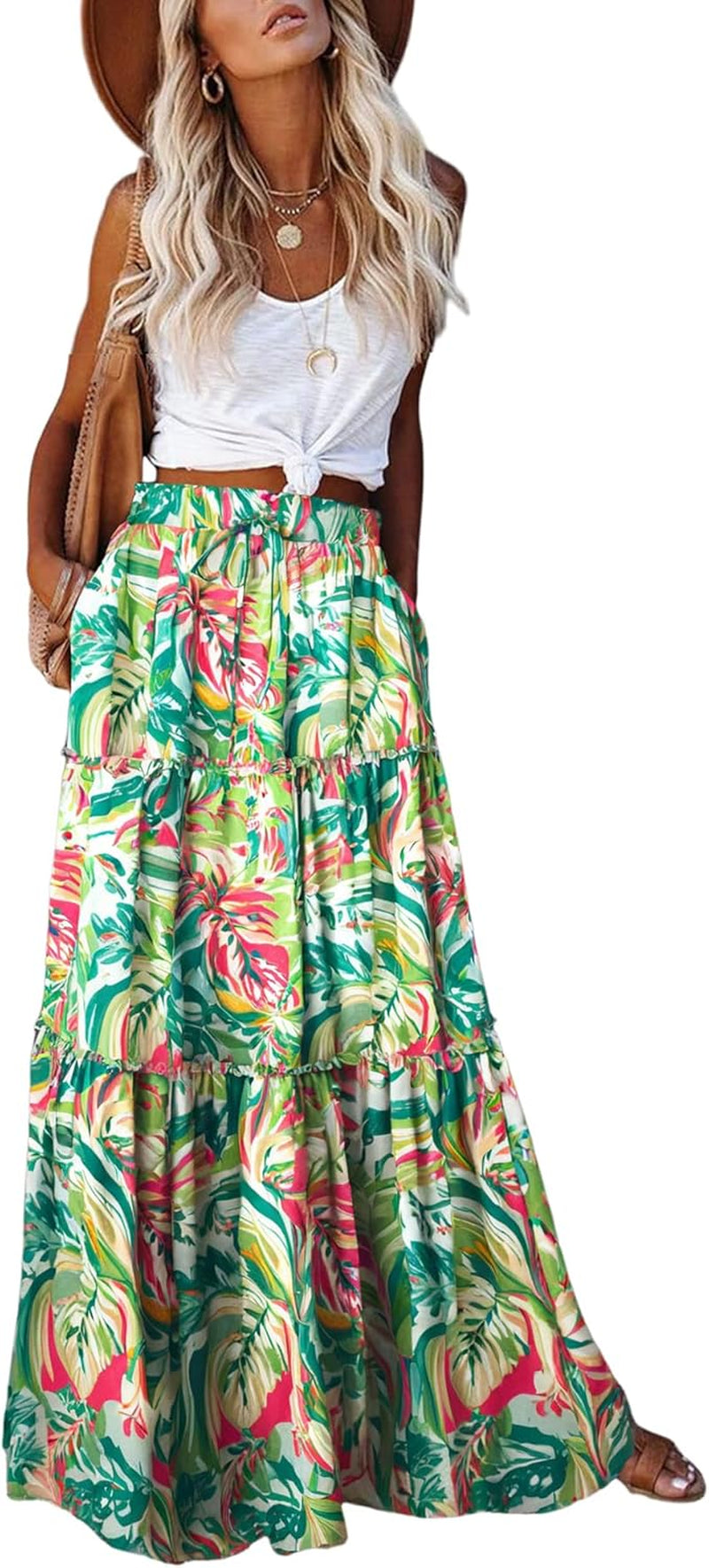 Womens Boho Maxi Skirt 2026 Summer Cruise Casual High Waist Tie Flowy Long Skirt with Pockets for Beach Vacation