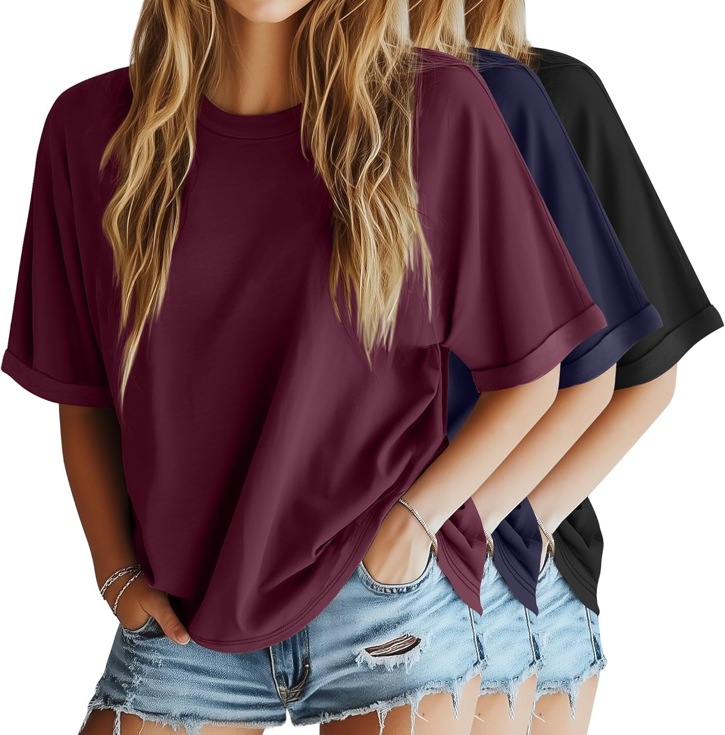 3 Pack Women'S Oversized T-Shirt Half Sleeve Summer Tees Casual Loose Fit Crew Neck Basic Tops