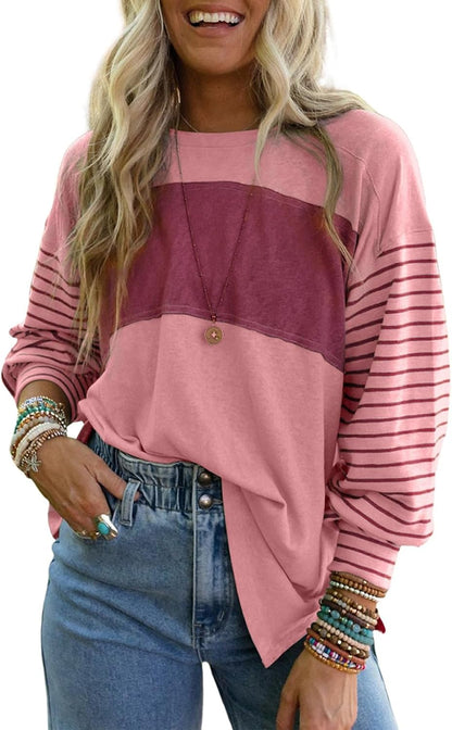 Long Sleeve Tops Oversized 2025 Trendy round Crew Neck Casual Color Block Womens Shirts Blouses