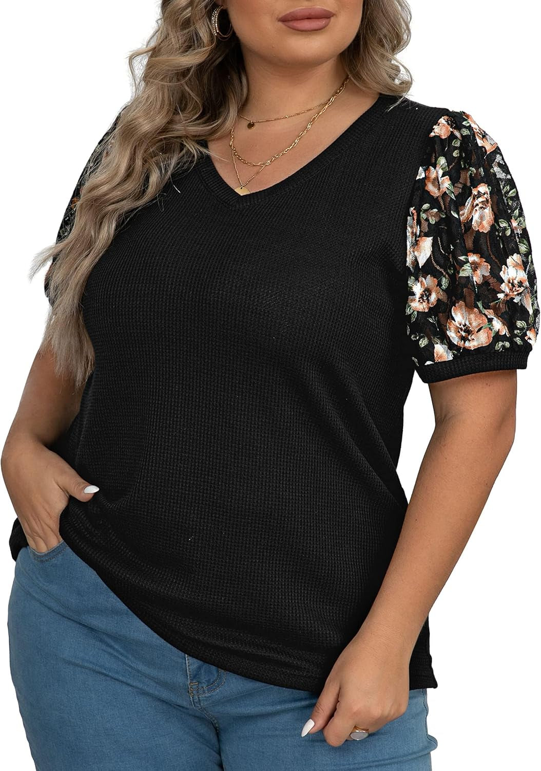 plus Size Tops for Women Summer Blouse Waffle Knit Short Lace Sleeve Shirts