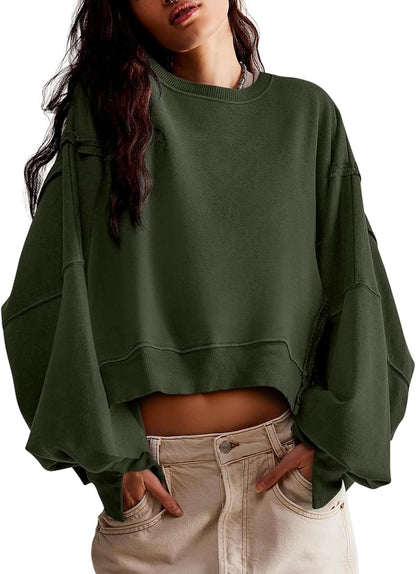 Womens Casual Sweatshirt Long Sleeve Tops Crewneck Loose Fit Tee Pullover Crop Tshirt Side Slit Fall Fashion 2024
