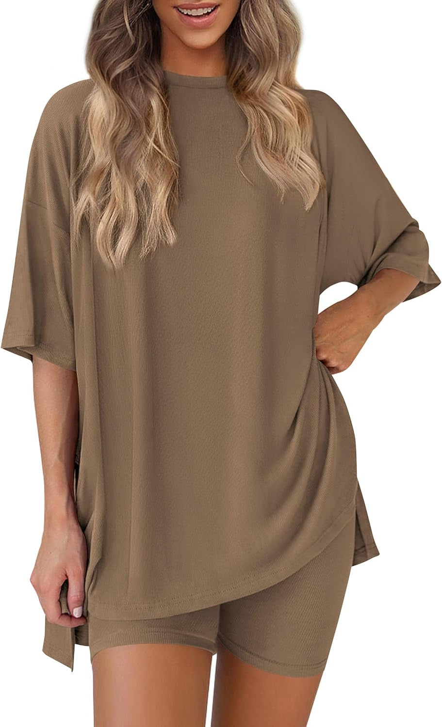 Women 2 Piece Lounge Set 2026 Summer Casual Oversized Shirts Biker Shorts Matching Airport Travel Outfit Clothes