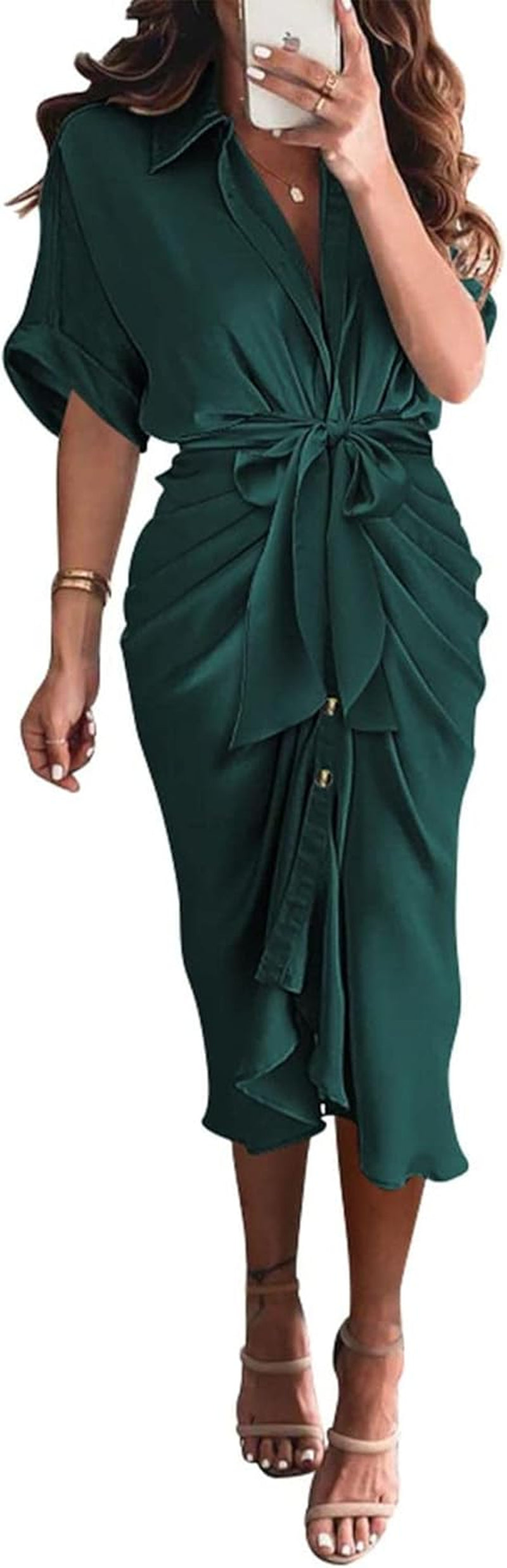Shirt Dresses for Women Button down Short Sleeve Satin Ruched Maxi Spring Dress 2026 Cocktail Party Wedding Guest