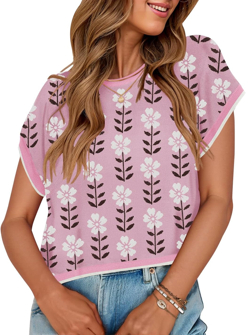 Womens Floral Sweater Vest Summer Short Sleeve Crew Neck Cute Loose Knit Tops 2026 Trendy Clothes Outfits
