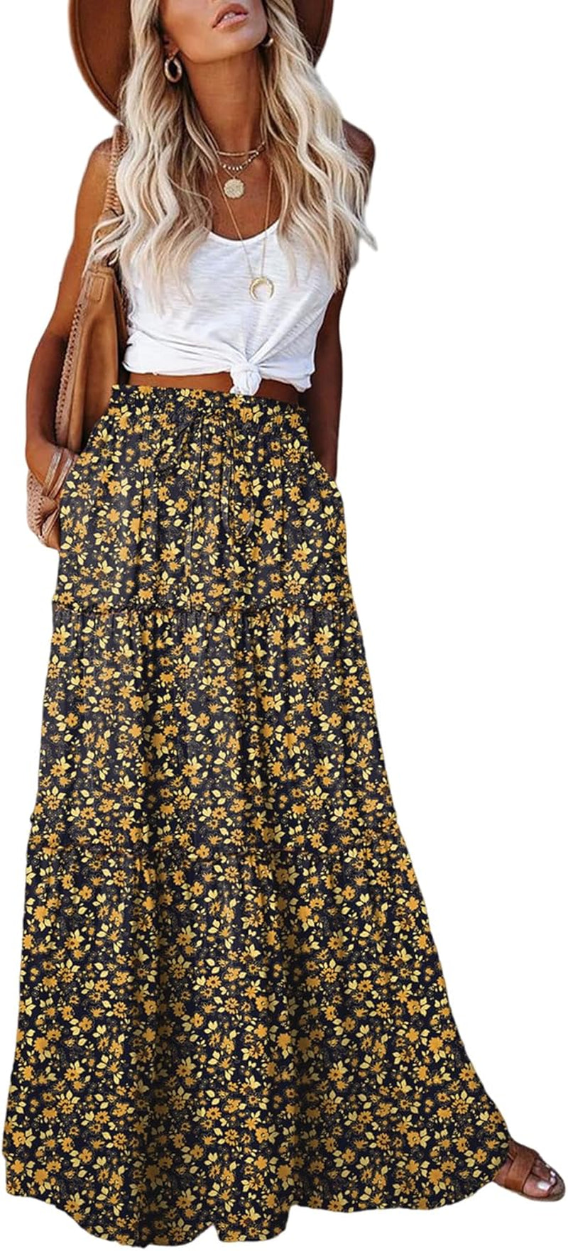 Womens Boho Maxi Skirt 2026 Summer Cruise Casual High Waist Tie Flowy Long Skirt with Pockets for Beach Vacation