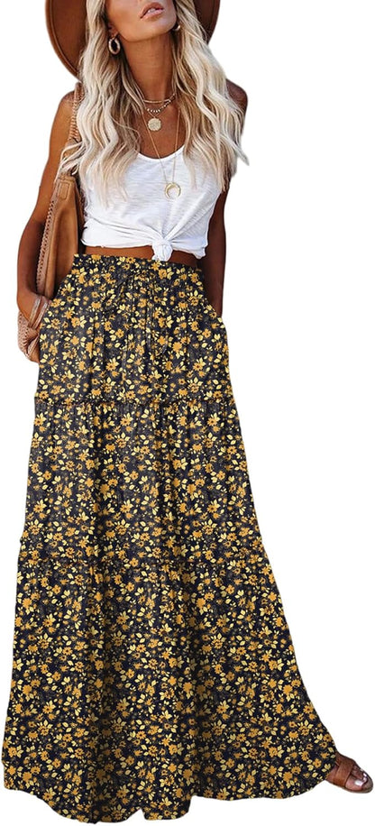Womens Boho Maxi Skirt 2026 Summer Cruise Casual High Waist Tie Flowy Long Skirt with Pockets for Beach Vacation