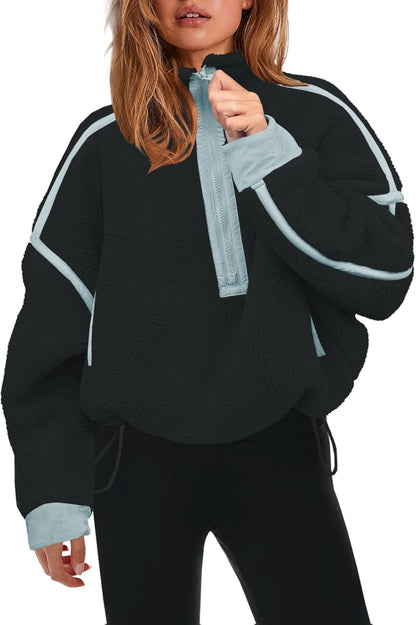 Womens Half Zip Sherpa Fleece Pullover Soft Oversized Sweatshirt with Pockets Warm Fuzzy Sweater