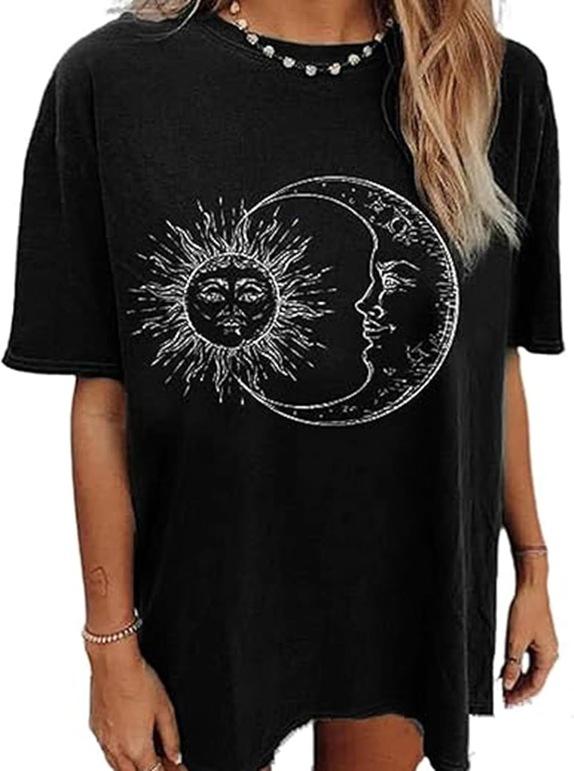 Women'S Casual Oversized T Shirt Short Sleeve Graphic Tee Letter Sun Moon Shirts