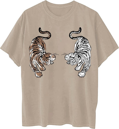 Women Tigers Graphic Oversized Tee Top Short Sleeve Loose Crewneck Summer T-Shirt