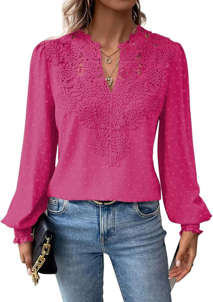Womens Tops Swiss Dot Boho Long Sleeve Shirts V Neck Casual Chiffon Blouses Flowy Lace Hem Cute Clothing Trendy 2025