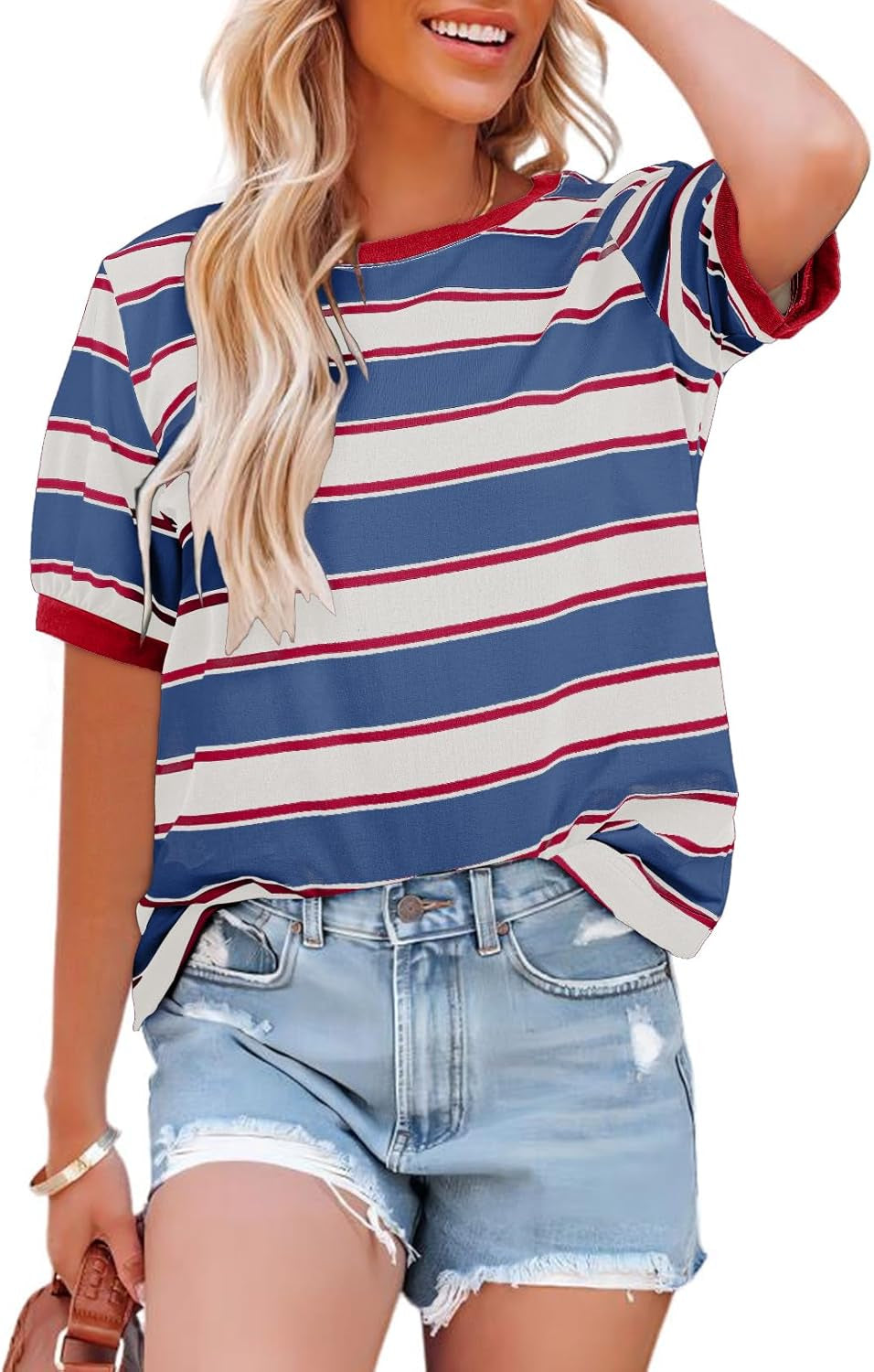 Womens Summer Tops 2025 Striped Color Block Short Sleeve T-Shirts Crewneck Casual Loose Basic Tee Blouses