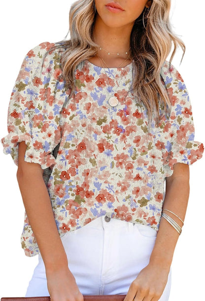 Floral Print Blouses for Women Crewneck Smocked Puff Sleeve Shirts Casual Babydoll Tops