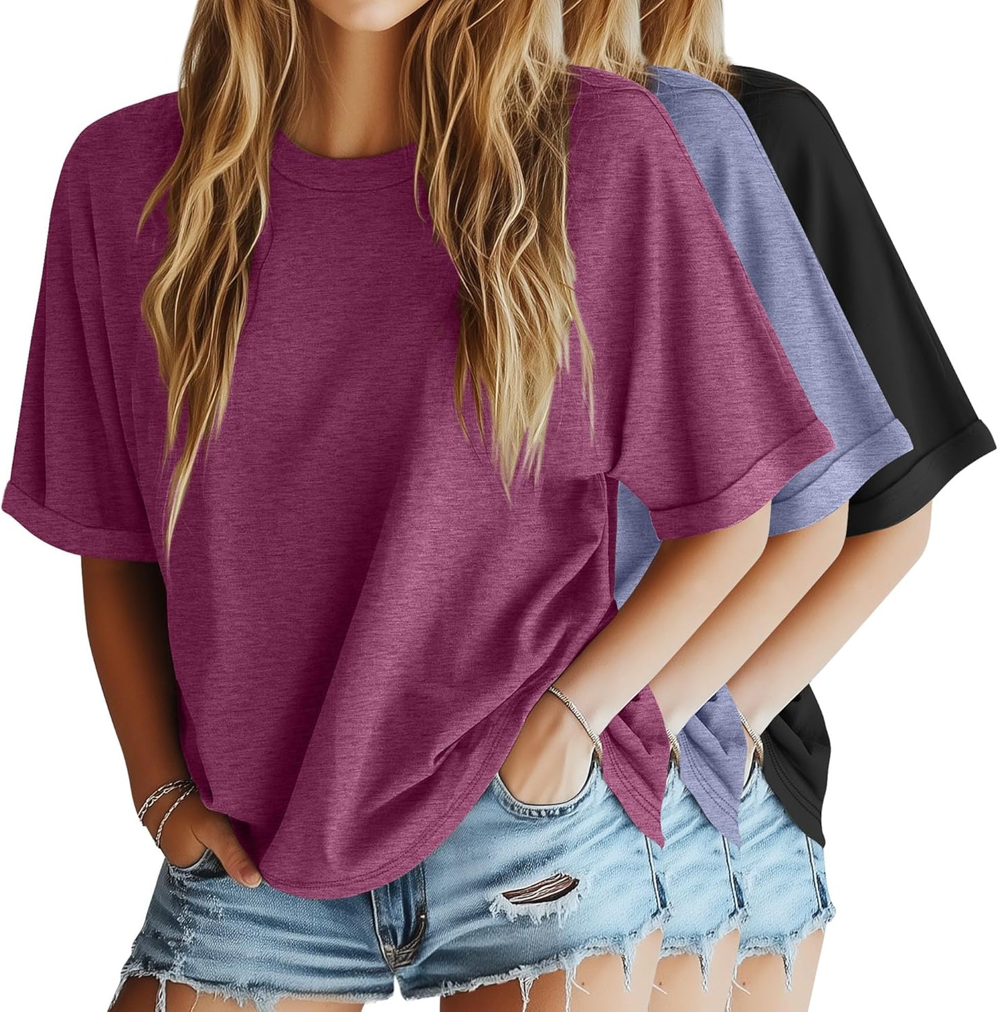 3 Pack Women'S Oversized T-Shirt Half Sleeve Summer Tees Casual Loose Fit Crew Neck Basic Tops