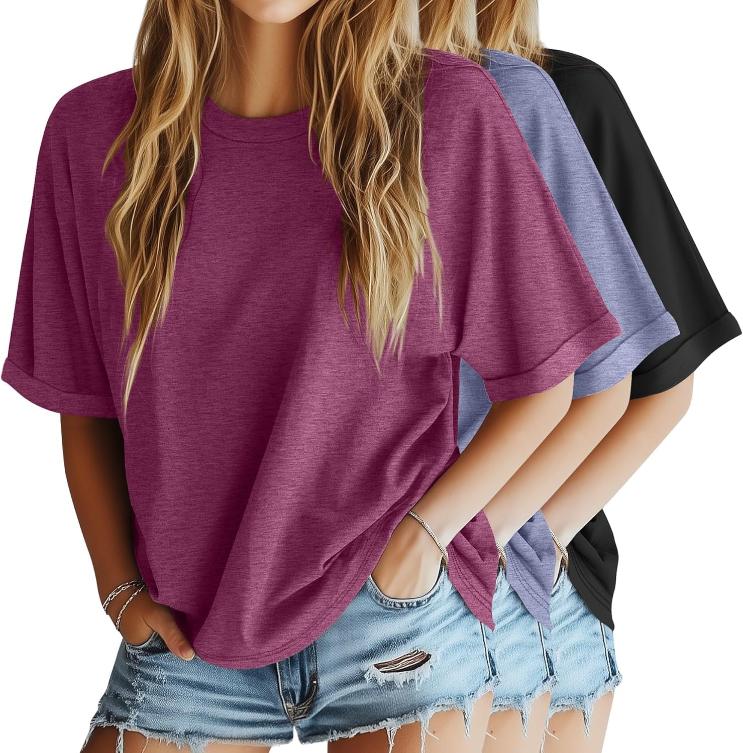 3 Pack Women'S Oversized T-Shirt Half Sleeve Summer Tees Casual Loose Fit Crew Neck Basic Tops