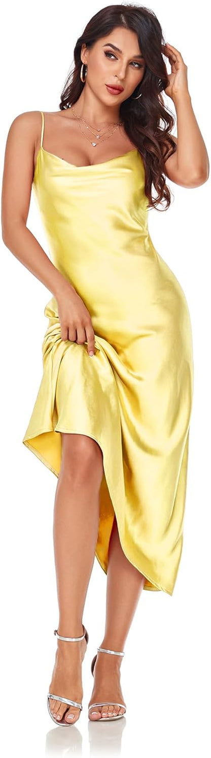Women'S Spaghetti Strap Midi Satin Silk Dresses Slip Cowl Neck Party Cocktail Evening Sexy Dress