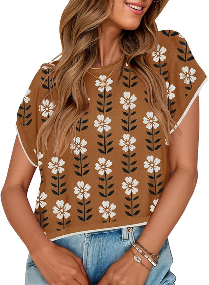 Womens Floral Sweater Vest Summer Short Sleeve Crew Neck Cute Loose Knit Tops 2026 Trendy Clothes Outfits