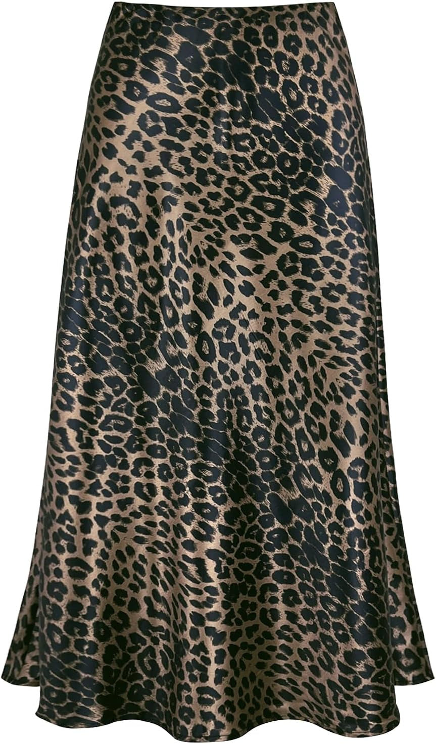 Women'S Satin High Waist Hidden Elasticized Waistband Flared Casual a Line Midi Skirt