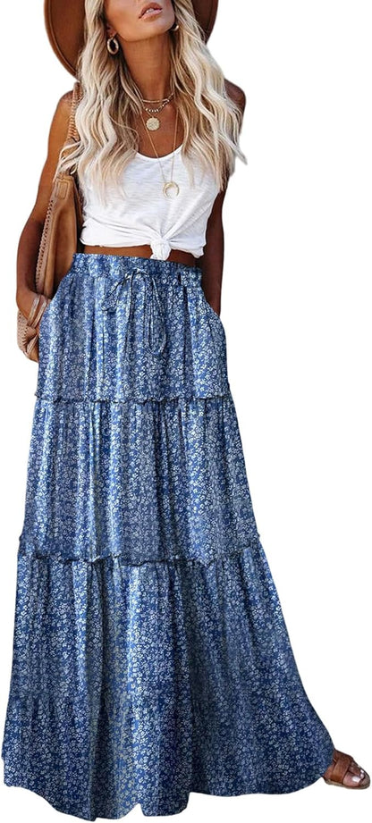 Womens Boho Maxi Skirt 2026 Summer Cruise Casual High Waist Tie Flowy Long Skirt with Pockets for Beach Vacation