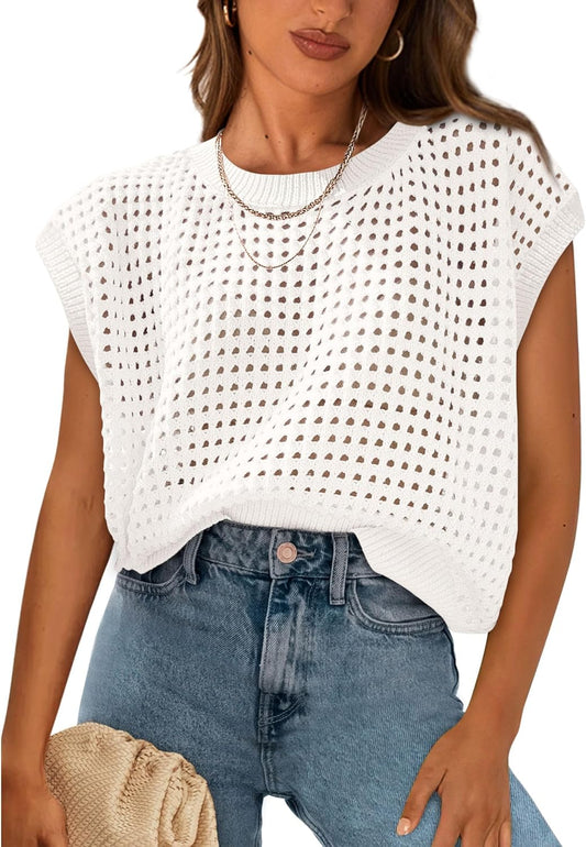 Womens Spring Tops 2026 Summer Shirts Crochet Cap Sleeve Sweater Pullover Cute Beach Vacation Clothes