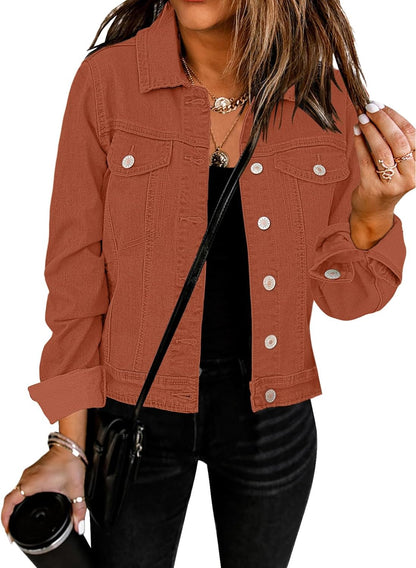 Women'S Basic Button down Long Sleeve Stretchy Jean Trucker Denim Jacket