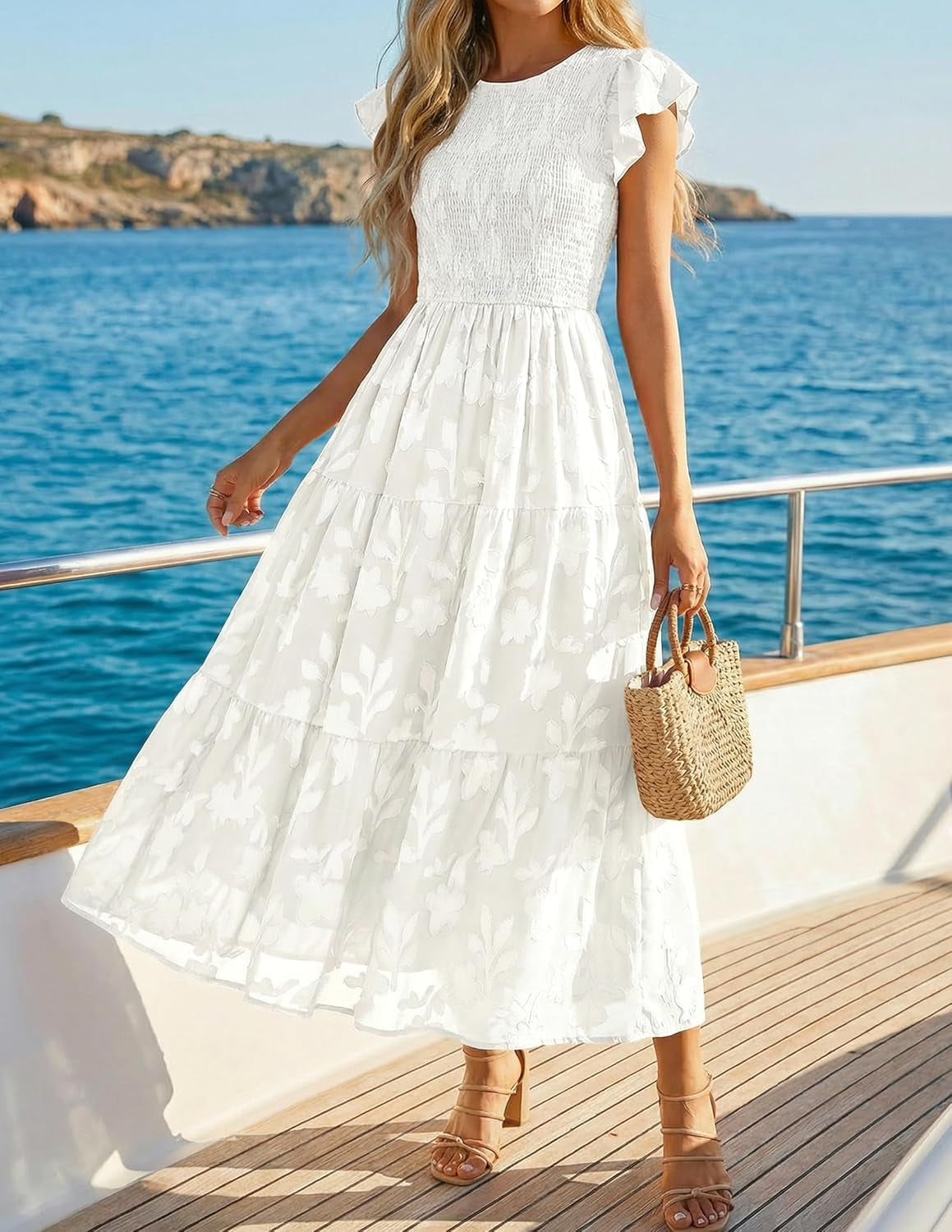 Women'S Summer Boho Floral Midi Dress 2026 Casual Flutter Short Sleeve Crewneck Smocked Flowy Beach Long Dresses