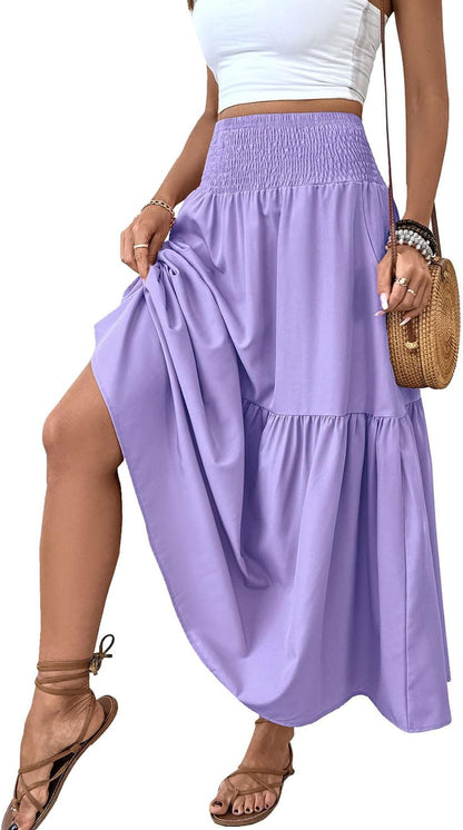 Women'S Smocked High Waist Maxi Skirt Casual Boho Long Skirts with Pockets