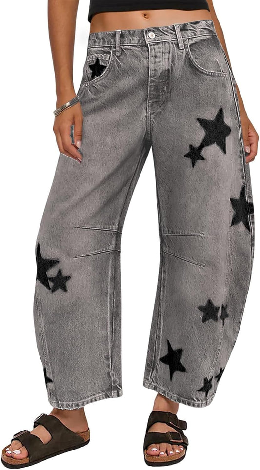 Y2K Barrel Jeans Women Wide Leg Baggy Distressed Printed Boyfriend Horseshoe Denim Pants