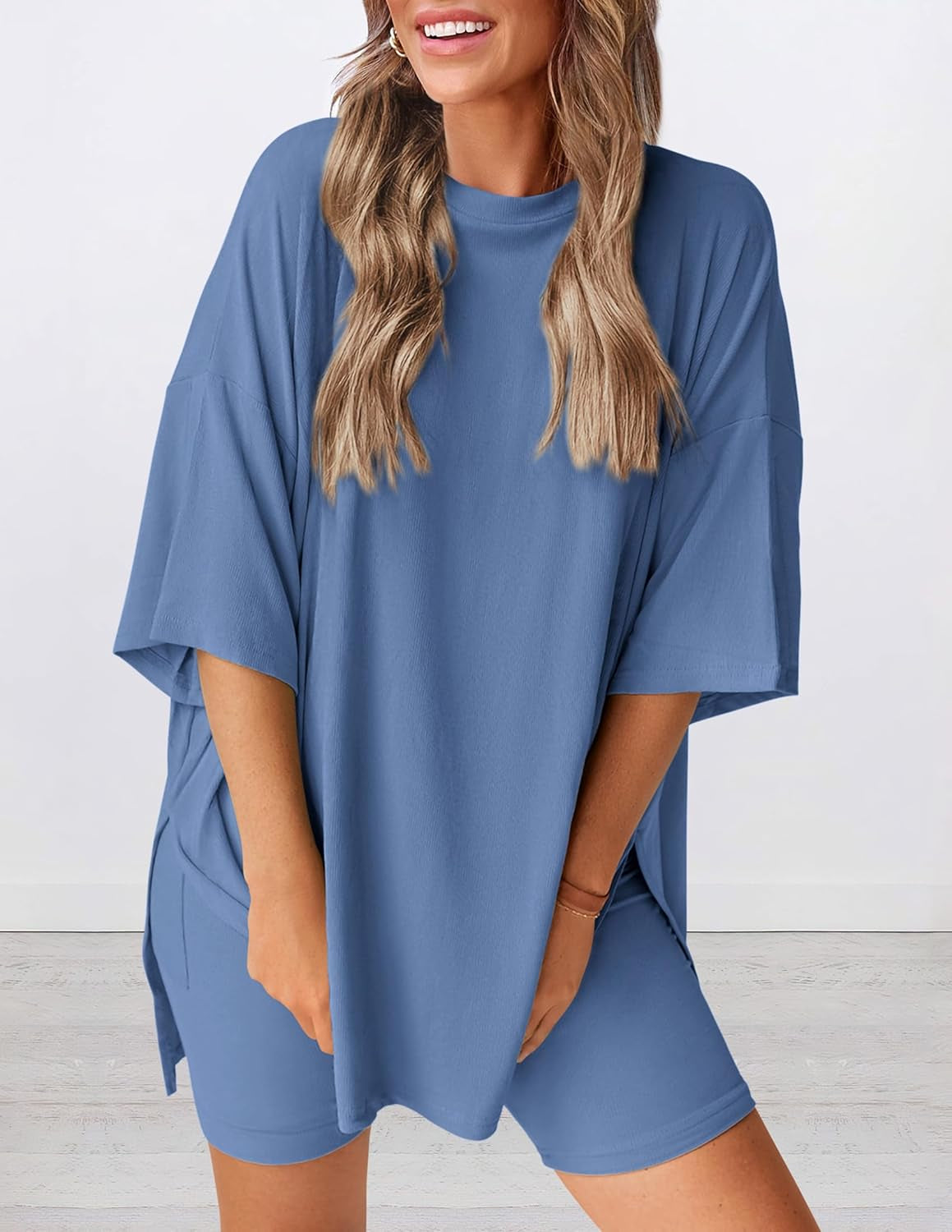 Women 2 Piece Lounge Set 2026 Summer Casual Oversized Shirts Biker Shorts Matching Airport Travel Outfit Clothes