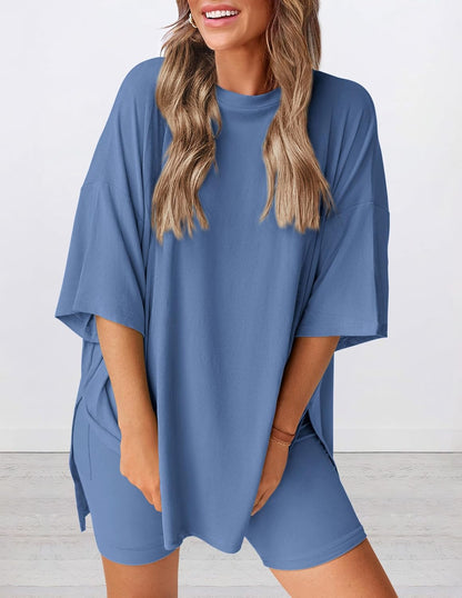 Women 2 Piece Lounge Set 2026 Summer Casual Oversized Shirts Biker Shorts Matching Airport Travel Outfit Clothes