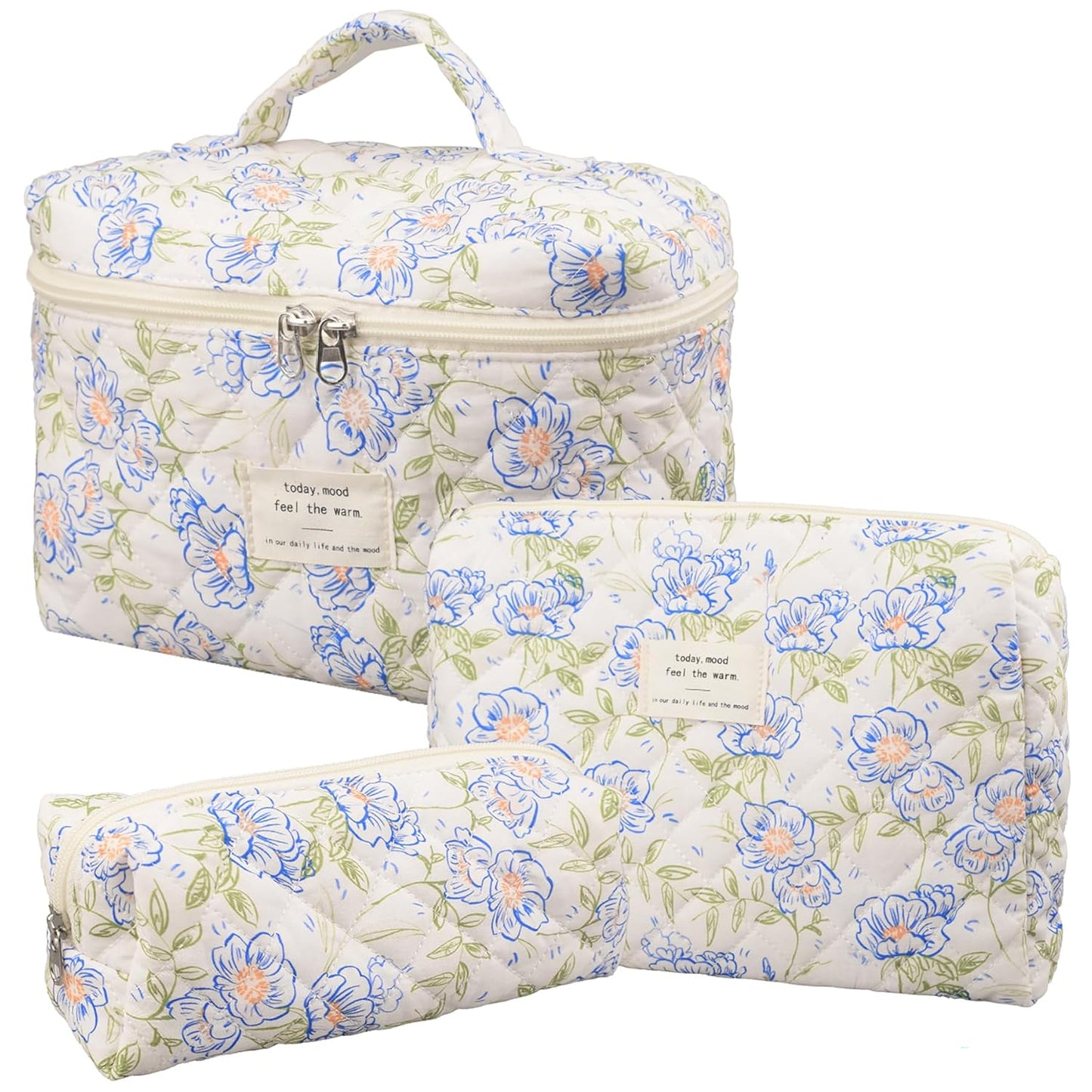 Makeup Bag,Quilted Cosmetic Bag,Large Floral Make up Bag for Women,Cotton Makeup Bag Set,Flower Travel Toiletry Bag