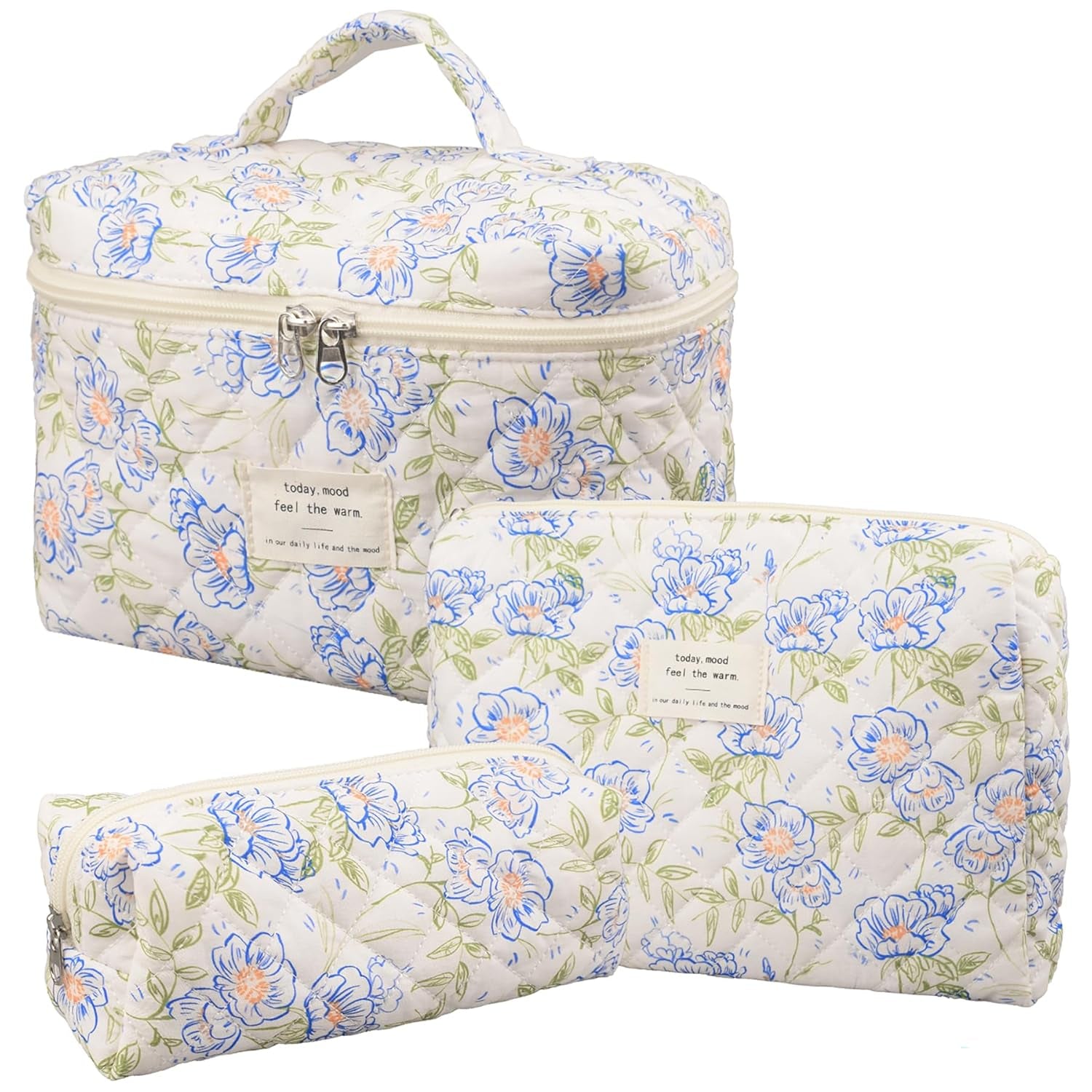 Makeup Bag,Quilted Cosmetic Bag,Large Floral Make up Bag for Women,Cotton Makeup Bag Set,Flower Travel Toiletry Bag