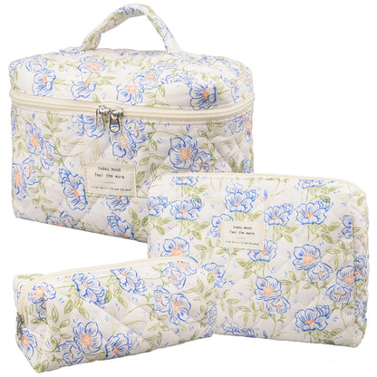 Makeup Bag,Quilted Cosmetic Bag,Large Floral Make up Bag for Women,Cotton Makeup Bag Set,Flower Travel Toiletry Bag