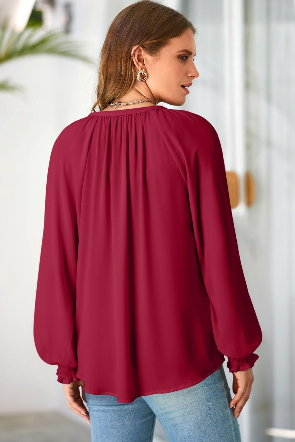 Womens Blouses Dressy Casual Flowy Boho Tops V Neck Long Sleeve Shirts