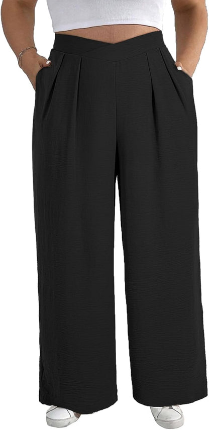Womens plus Size Wide Leg Pants Crossover Waist Pleated Front Casual Work Pants Lounge Trouser with Pockets(1X-5X)