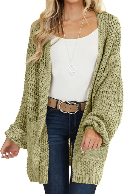 Women'S 2025 Fall Open Front Chunky Knit Sweater Oversized Lantern Sleeve Cardigan Outwear