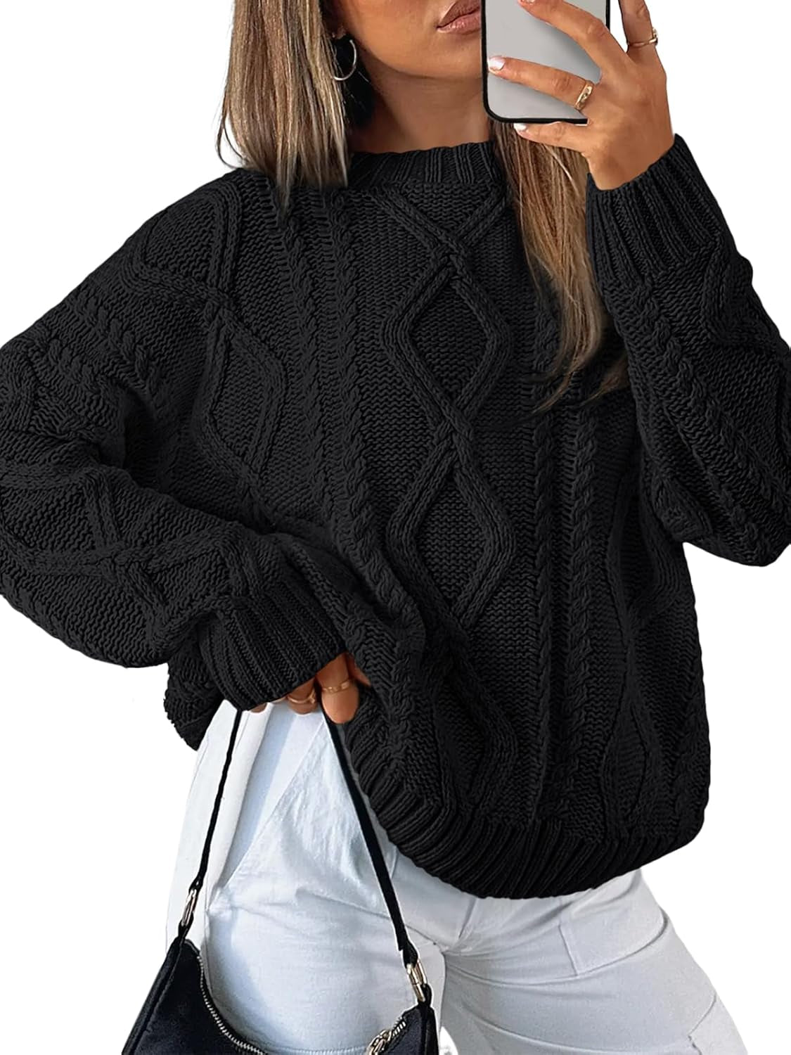 Women'S Oversized Cable Knit Crewneck Sweaters