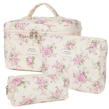 Makeup Bag,Quilted Cosmetic Bag,Large Floral Make up Bag for Women,Cotton Makeup Bag Set,Flower Travel Toiletry Bag