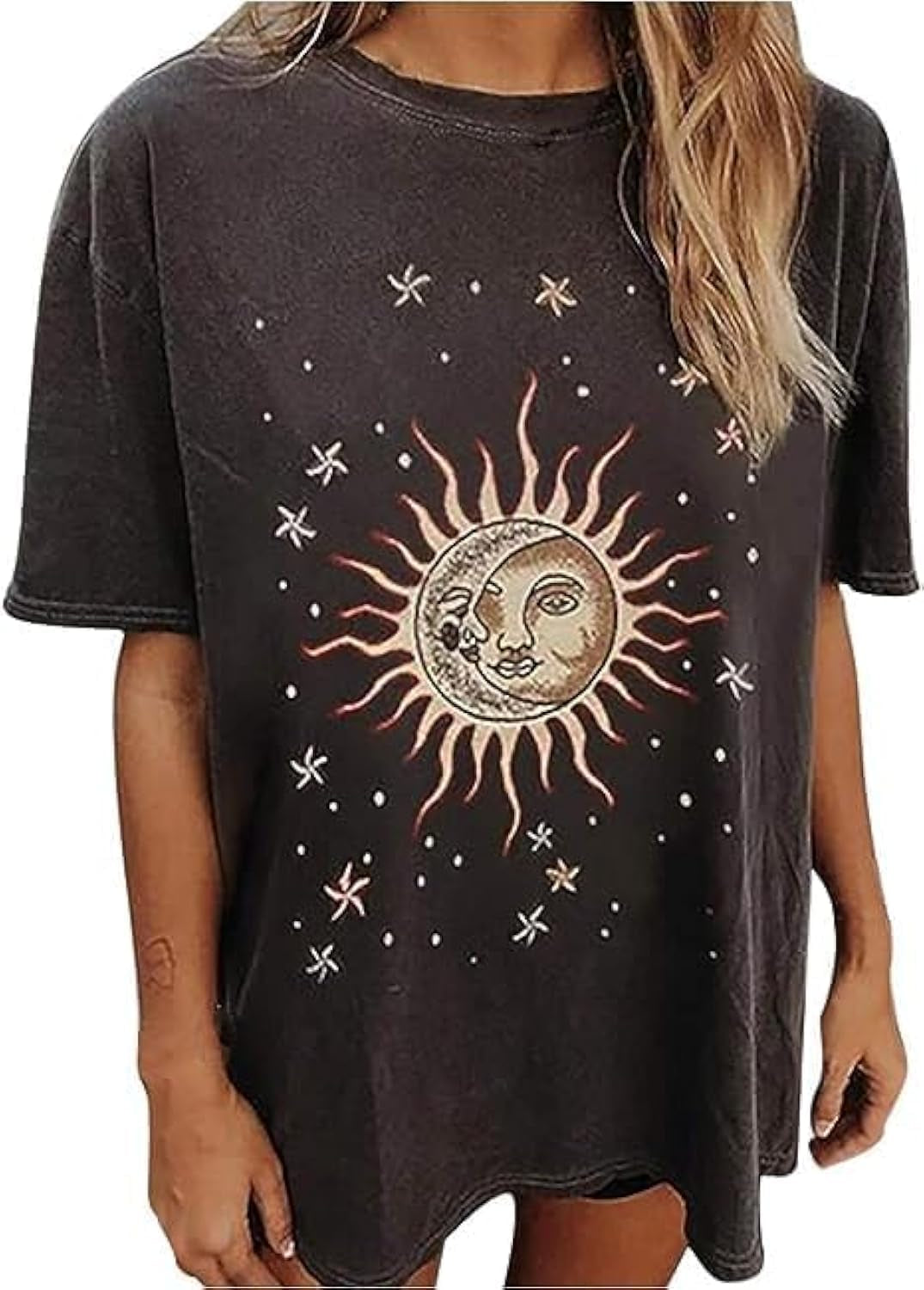 Women'S Casual Oversized T Shirt Short Sleeve Graphic Tee Letter Sun Moon Shirts