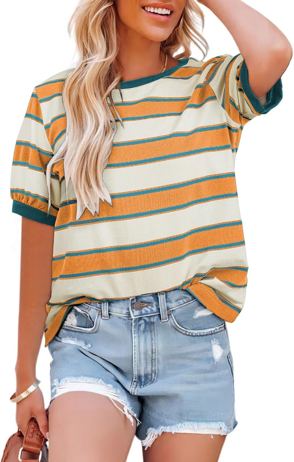 Womens Summer Tops 2025 Striped Color Block Short Sleeve T-Shirts Crewneck Casual Loose Basic Tee Blouses