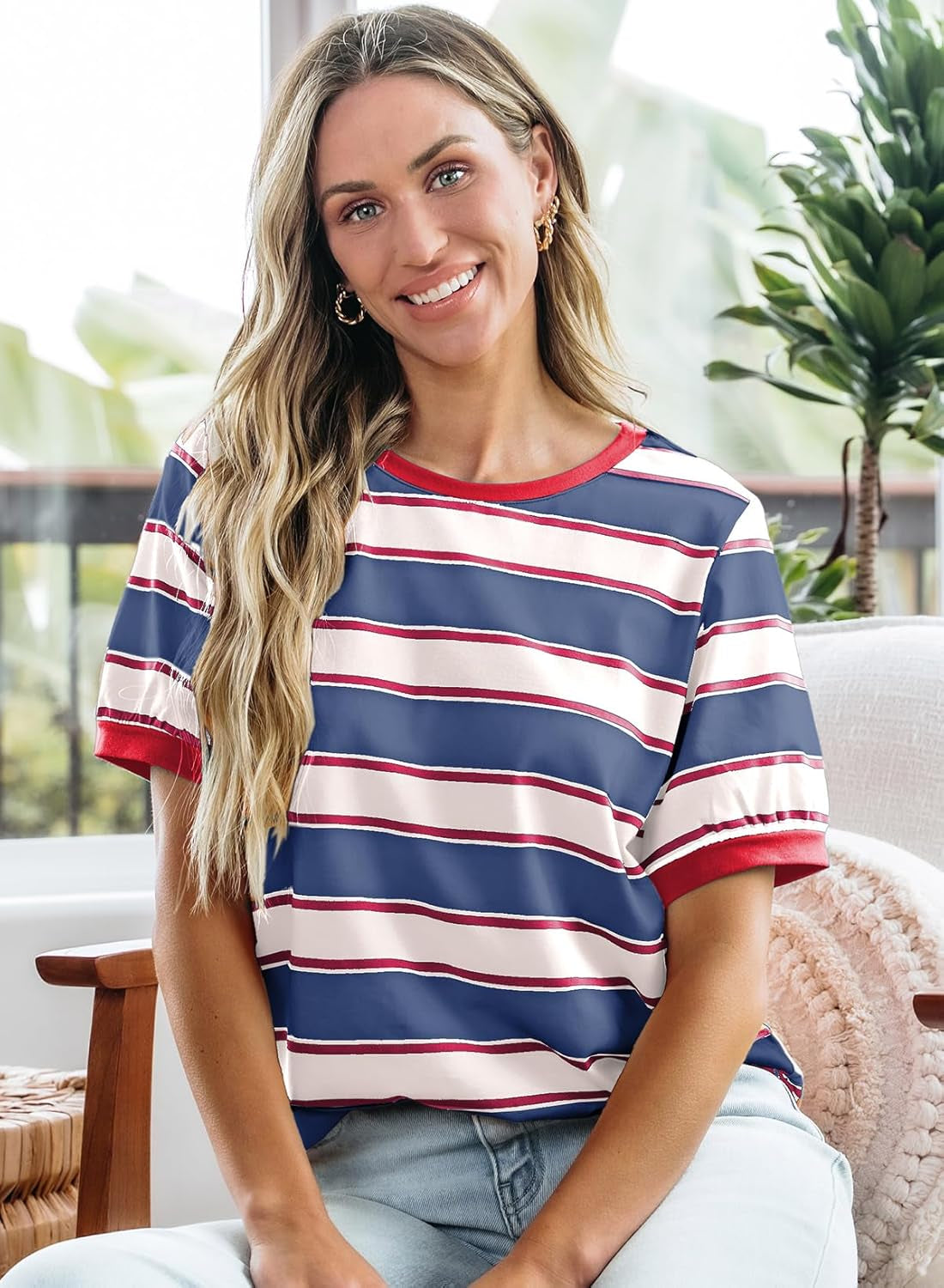 Womens Summer Tops 2025 Striped Color Block Short Sleeve T-Shirts Crewneck Casual Loose Basic Tee Blouses