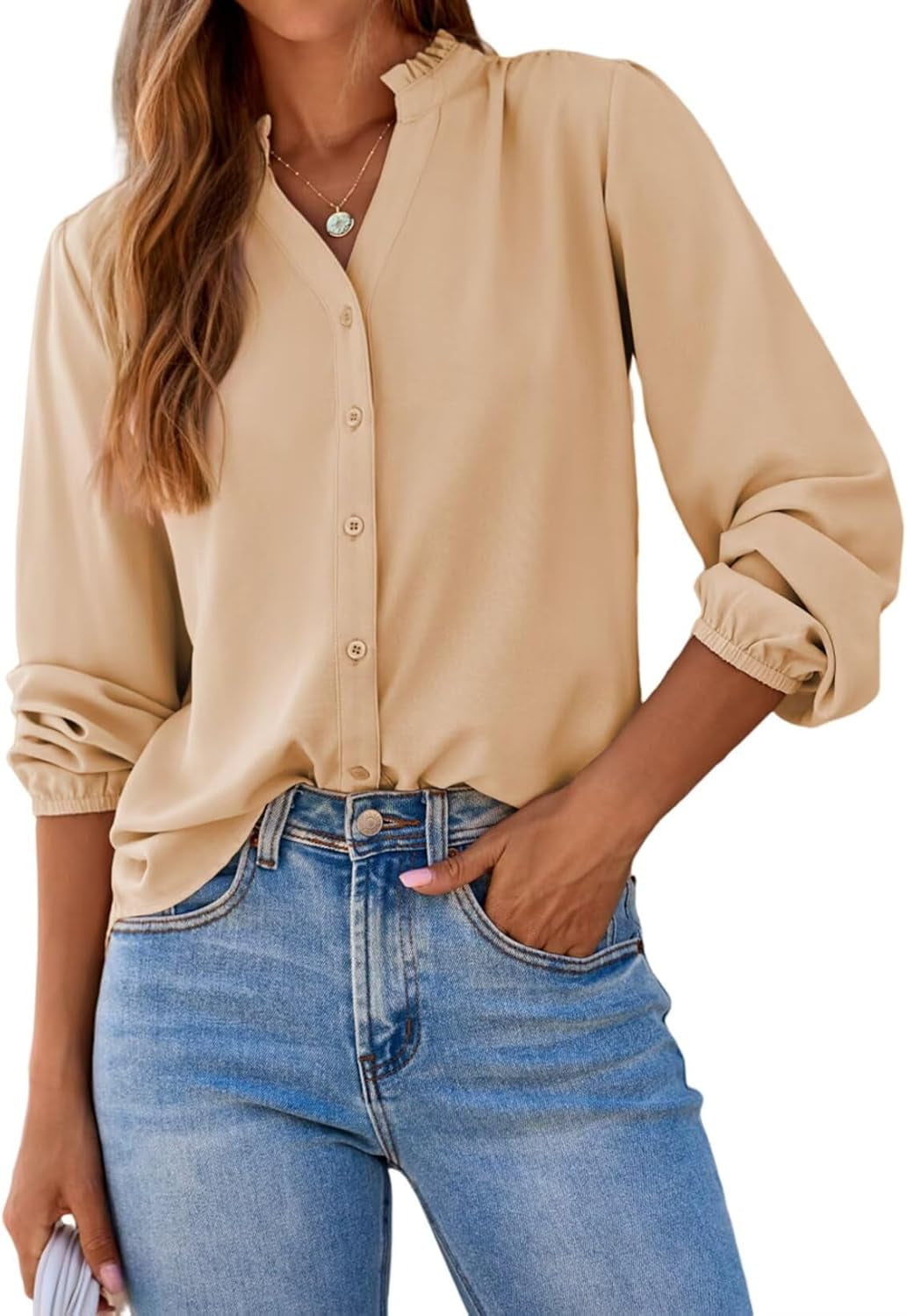 Womens Tops Blouses for Women Dressy Casual Button down Shirts V Neck Long Sleeve Shirts Business Work Blouses